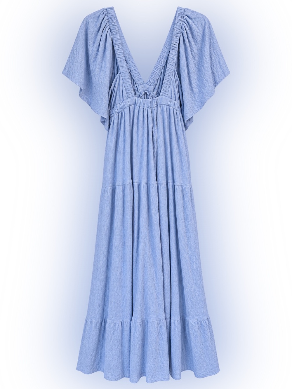 Free People Beach Blue Boho Deep V Flutter Sleeve Tiered Maxi Dress Size S